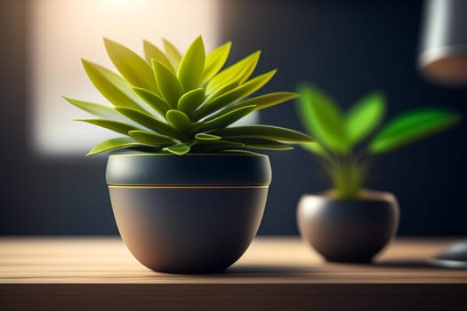 Green plant in vase on wooden table with black wall background