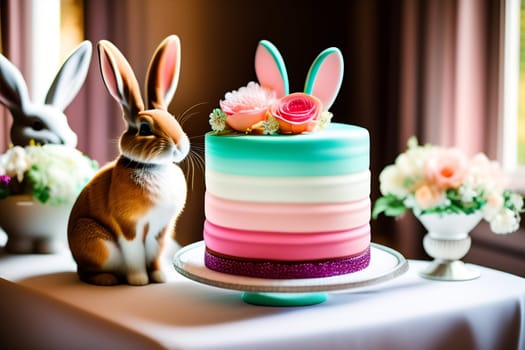 Easter cake and rabbit on the table. Selective focus.