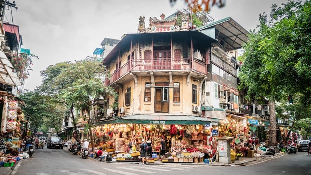 Hanoi, Vietnam, November 14, 2022: Brightly lit display of a Christmas store in French Quarter in Hanoi, Vietnam