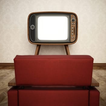 Retro analogue tv with blank screen and retro red armchair. 3D illustration.