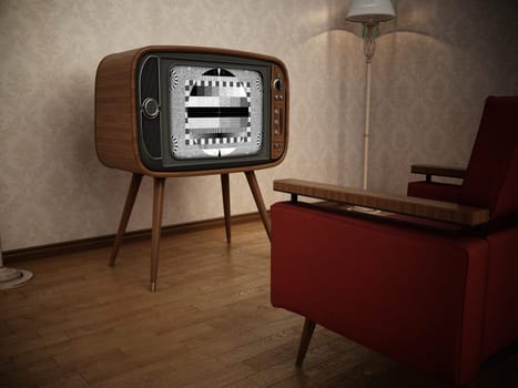 Retro analogue tv and retro red armchair. 3D illustration.