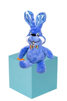 Cute blue plush bunny or rabbit with bow tie on a gift box isolated on a white background. Easter greeting card template with space for design. Bright plush toy.