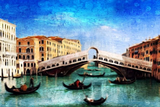Beautiful view of Rialto Bridge with gondolas on Gran Canal, Venice, Italy. AI generated oil painting.