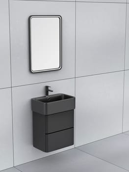 Matte black wall mounted wash basin cabinet with faucet and mirror