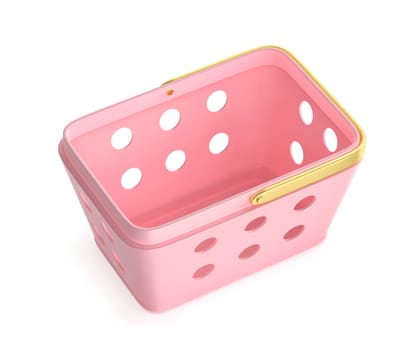 Empty pink shopping basket with golden handle on white background