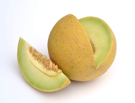 Galia melon,also known as net melon because of the structure on its yellow peel,has a white to green flesh. Galia melon,also known as the netted melon because of the structure on its yellow skin,has white to green