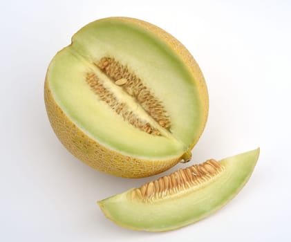 Galia melon,also known as net melon because of the structure on its yellow peel,has a white to green flesh. Galia melon,also known as the netted melon because of the structure on its yellow skin,has white to green