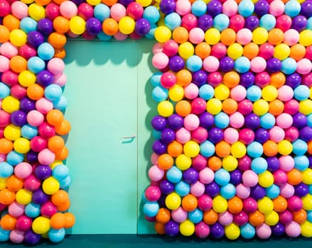 Door room with colorful balloons - concept of celebration, party, happy birthday