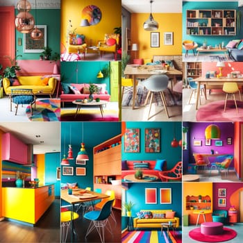 A series of illustrative images of colorful home interior design