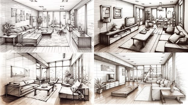 A series of illustrative images of modern living room interior