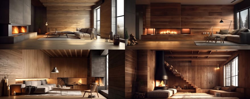 A series of illustrative images of an interior with wooden elements, furniture and a fireplace. Cozy atmosphere with impressive details