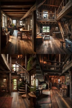 A series of illustrative images of a rustic home interior with lots of wooden elements. Cozy atmosphere with impressive details