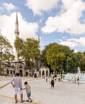 Istanbul, Turkey - September 31, 2022: Exterior day shot of Eyup Sultan Mosque situated in the Eyup district of Istanbul, Turkey outside the city walls near the Golden Horn