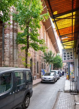 Istanbul, Turkey - August 31 2022: Facade of Arap Mosque, or Arap Camii, formerly a Roman Catholic church, suited in Karakoy neighborhood, Beyoglu district