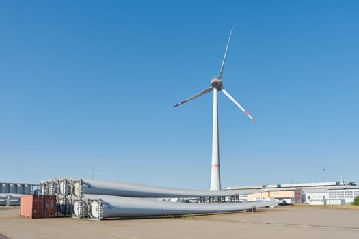 Storage yard for components of wind turbines of the company Enercon in the port of Magdeburg