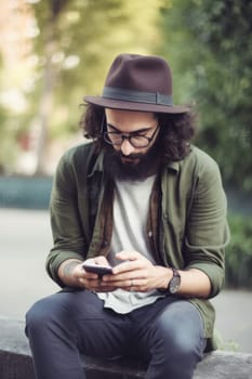 Young male hipster looking at smartphones at city, AI Generative