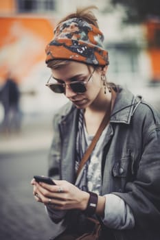 hipster girl with glasses vintage clothes, using smartphone in the city, Ai Generative