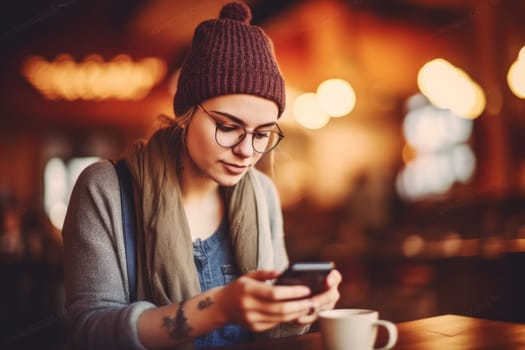 hipster businesswoman working from the diner with her smartphone sipping on a cup of coffee, Ai Generative