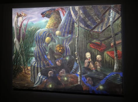 Venice, Italy - September 6, 2022: One of the many multimedia exhibitions in the Arsenale at the 59th Venice Art Biennale in Venice.
