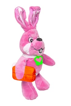 A cute pink plush bunny with heart pendant and a bag, isolated on a white background. Easter greeting card decoration item with space for design. Bright plush animal.