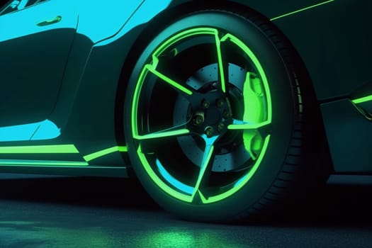 Future electric car with green LED lighting, wheels, tires and braking system. Generative AI