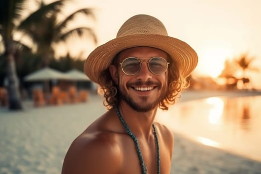 Happy handsome hipster man with a smile with a straw hat and vintage glasses walks on the beach near the ocean at sunset. Generative AI
