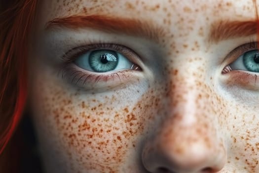 Beautiful redhead girl with freckles and amazing blue eyes, close-up. Generative AI