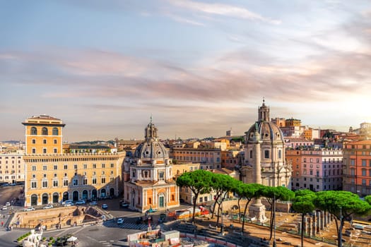 View on Basilica Ulpia, Trajan's Forum remains, Trajan's Column from Vittoriano, Rome, Italy.