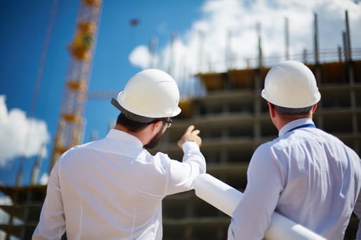 Rear view of architects looking at construction while one of them showing it to colleague