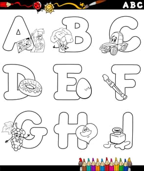 Black and White Cartoon Illustration of Capital Letters Alphabet with Objects for Children Education from A to I for Coloring Book