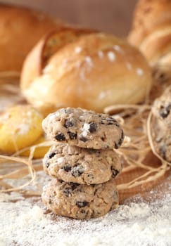 On a table a composition of biscuits and bread