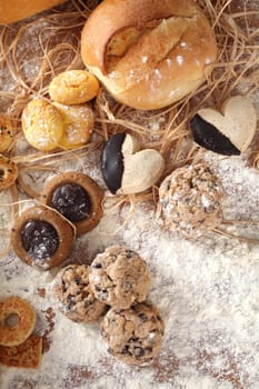 On a table a composition of biscuits and bread