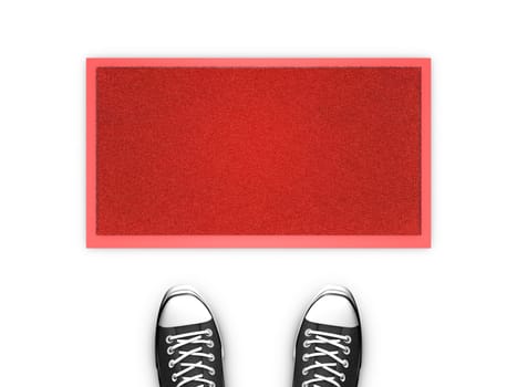 Concept illustration showing shoes in front of a red door map. Copy space available.