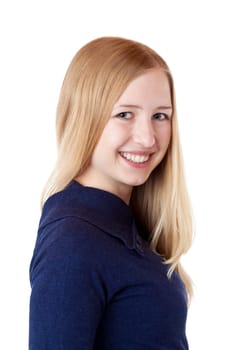 Junge hübsche Frau blickt lachend in Kamera. Freigestellt auf weißem Hintergrund.#Young beautiful woman smiles happy at camera. Isolated on white.#Young beautiful woman smiles happy at camera.