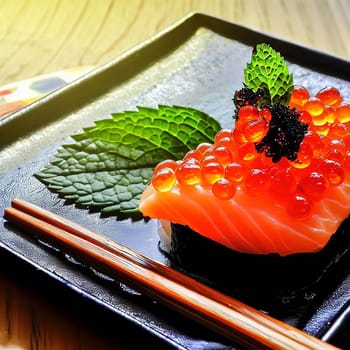 The Japanese menu. Tasty set of sushi with salmon and tuna with nice background color
