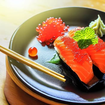 The Japanese menu. Tasty set of sushi with salmon and tuna with nice background color