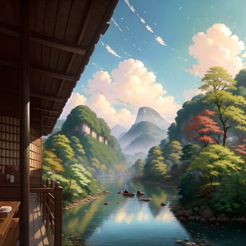 The Japanese Print Traditional building street scene art print ink and cg painting - AI Generated