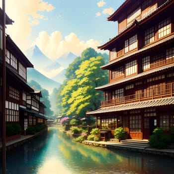 The Japanese Print Traditional building street scene art print ink and cg painting - AI Generated