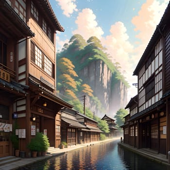 The Japanese Print Traditional building street scene art print ink and cg painting - AI Generated