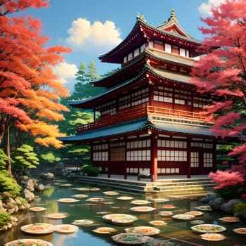 The Japanese Print Traditional building street scene art print ink and cg painting - AI Generated