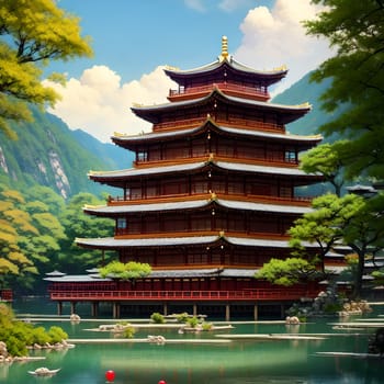 The Japanese Print Traditional building street scene art print ink and cg painting - AI Generated