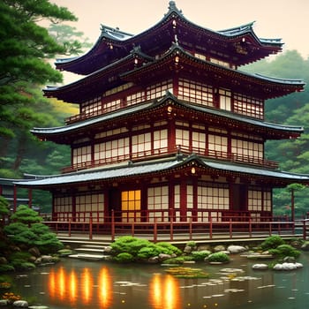 The Japanese Print Traditional building street scene art print ink and cg painting - AI Generated