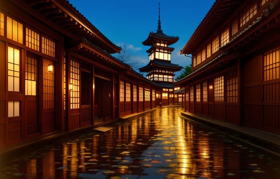 The Japanese Print Traditional building street scene art print ink and cg painting - AI Generated