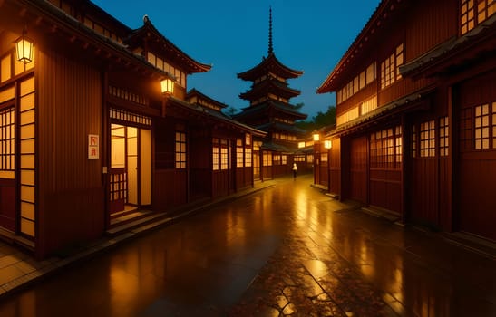 The Japanese Print Traditional building street scene art print ink and cg painting - AI Generated