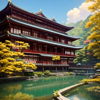 The Japanese Print Traditional building street scene art print ink and cg painting - AI Generated