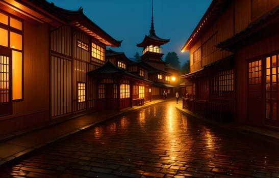 The Japanese Print Traditional building street scene art print ink and cg painting - AI Generated