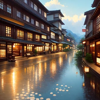 The Japanese Print Traditional building street scene art print ink and cg painting - AI Generated