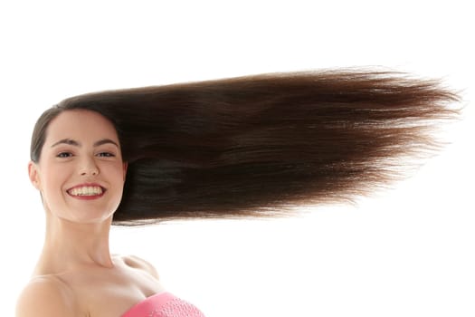 Woman with long hair isolated on white background