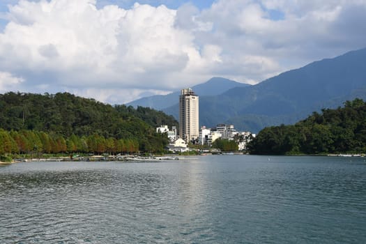 Beautiful view of buildings on the shore of Sun Moon Lake in Taiwan