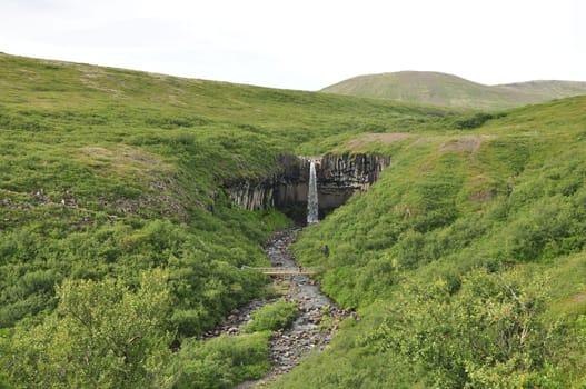 Scenic view of a waterfall flowing between grass cliffs under a gray sky